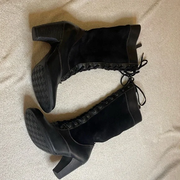 Indigo Black Lace Up Boots with Chunky Heel - Picture 2 of 8